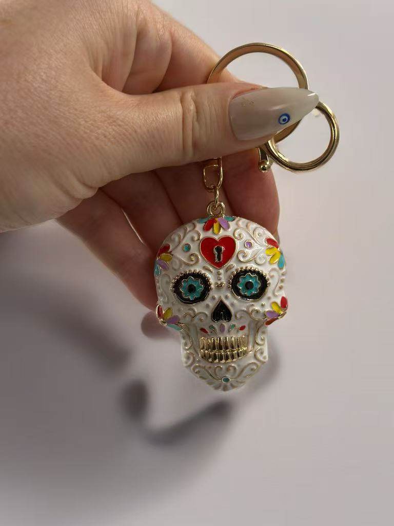 Colorful Sugar Skull Keychain with Gold-Tone Clasp - MODA ACCESSORIES