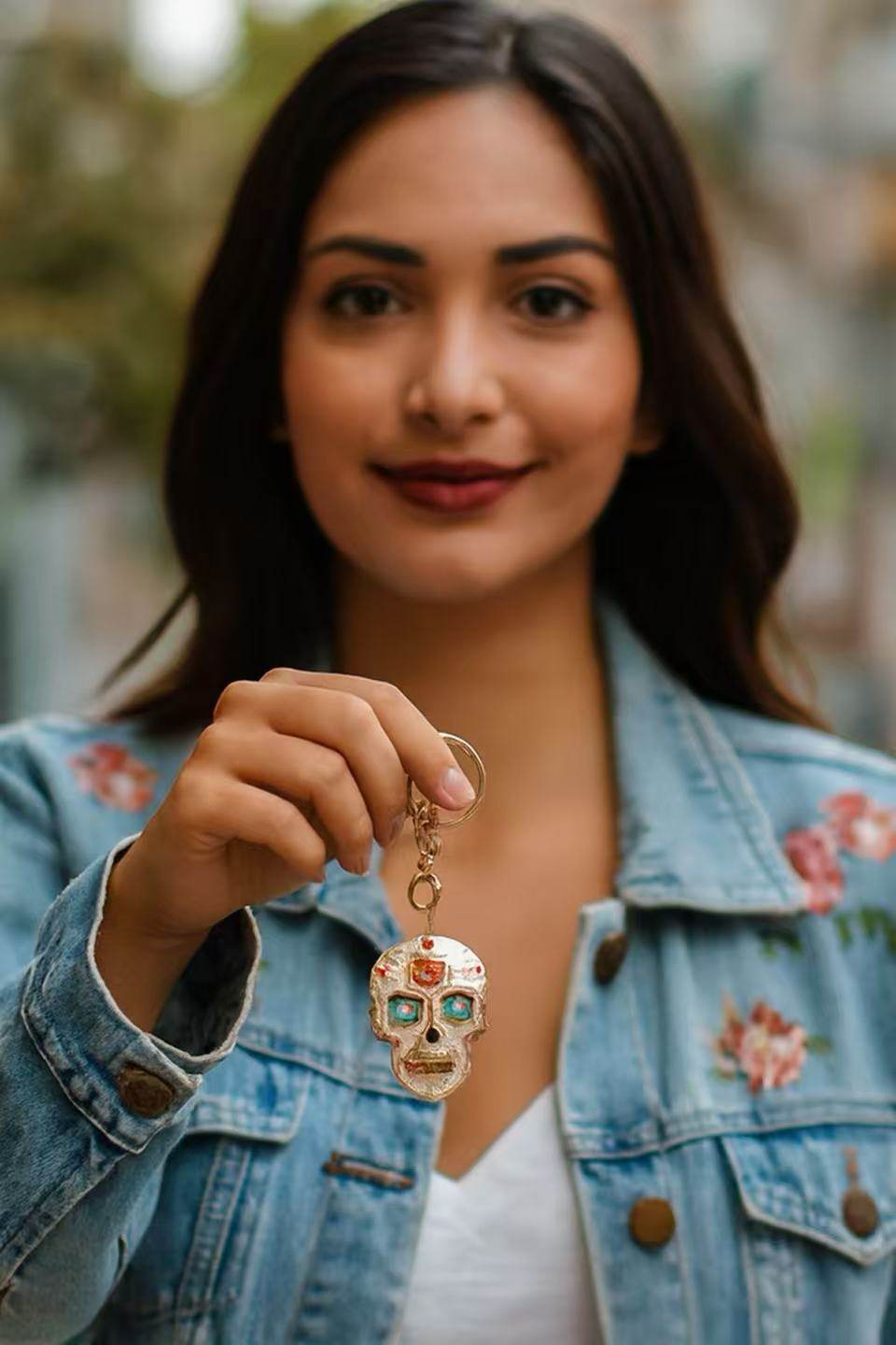 Colorful Sugar Skull Keychain with Gold-Tone Clasp - MODA ACCESSORIES