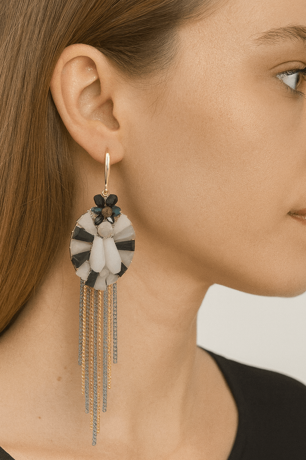 Black, Grey, and Blue Floral Earrings with Chain Tassels - MODA ACCESSORIES