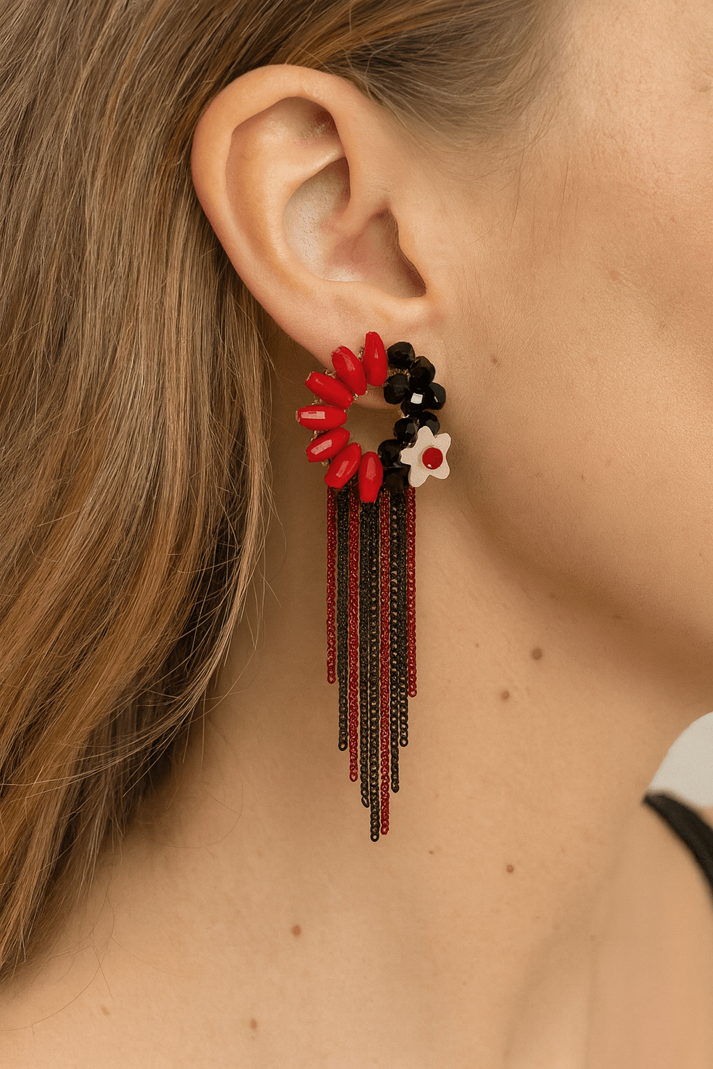 Red and Black Floral Earrings with Cascading Tassel Chains - MODA ACCESSORIES