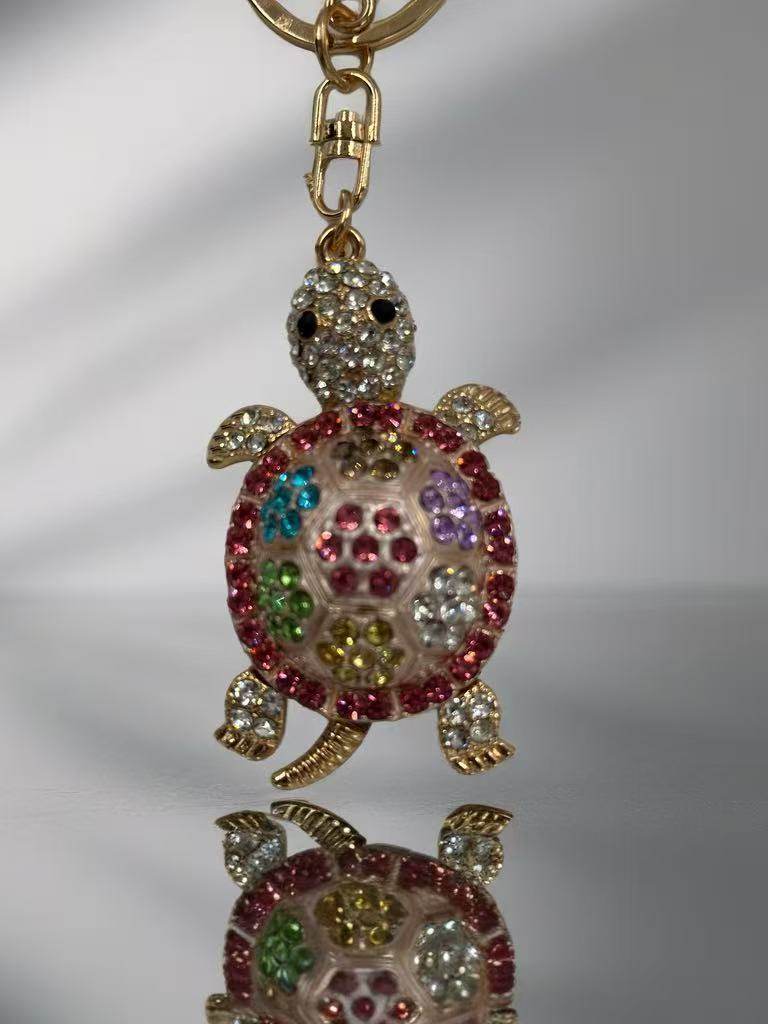 Colorful Rhinestone Turtle Keychain with Gold Key Ring - MODA ACCESSORIES