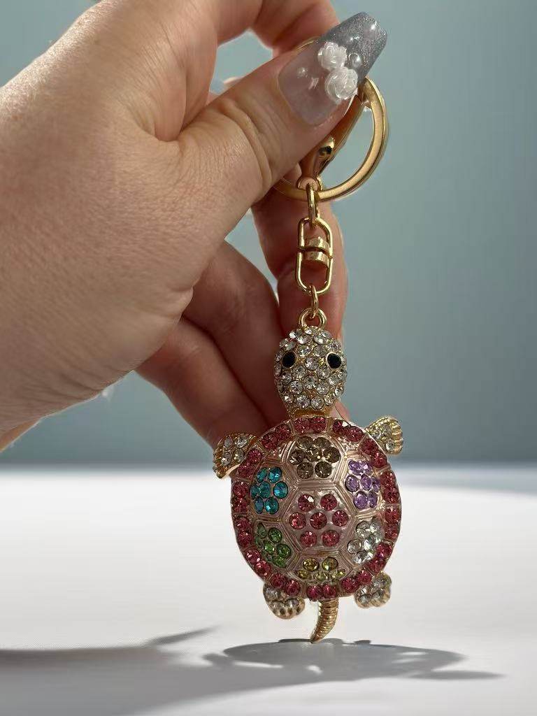 Colorful Rhinestone Turtle Keychain with Gold Key Ring - MODA ACCESSORIES