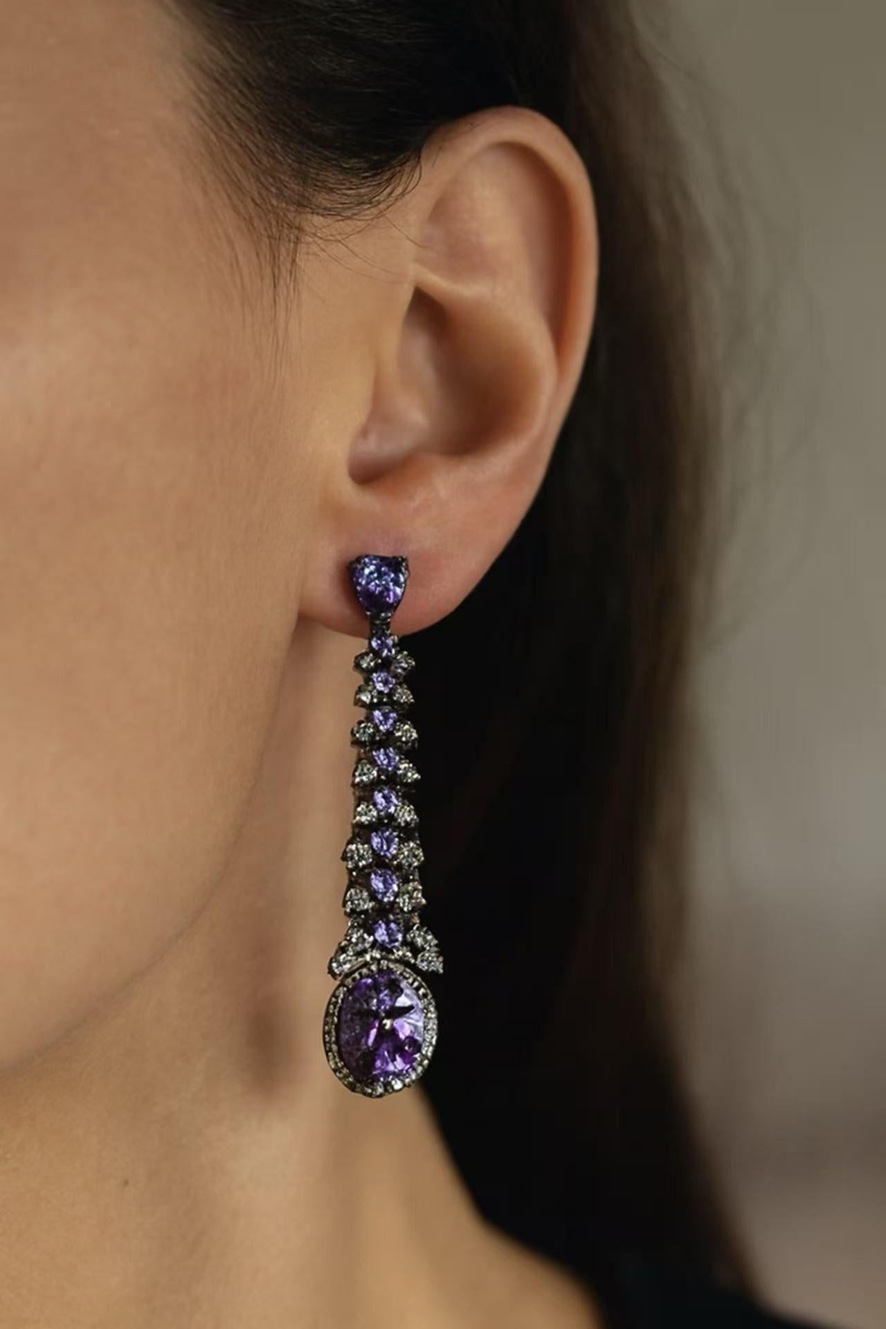 Long Drop Earrings with Purple Crystal & Zircon Stones