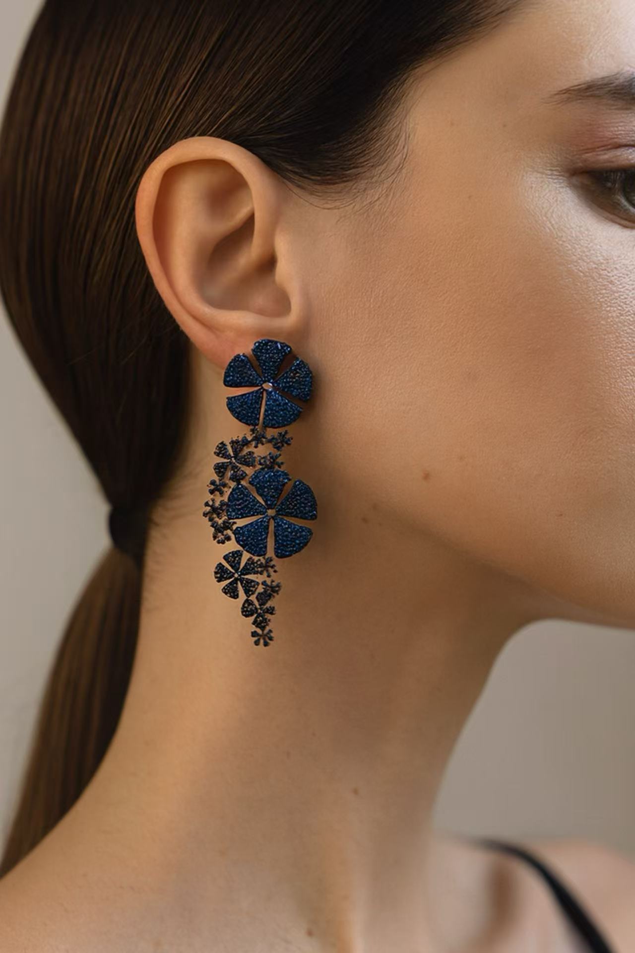 Midnight Blue Floral Statement Earrings – Luxury Flower Drop Earrings for Women