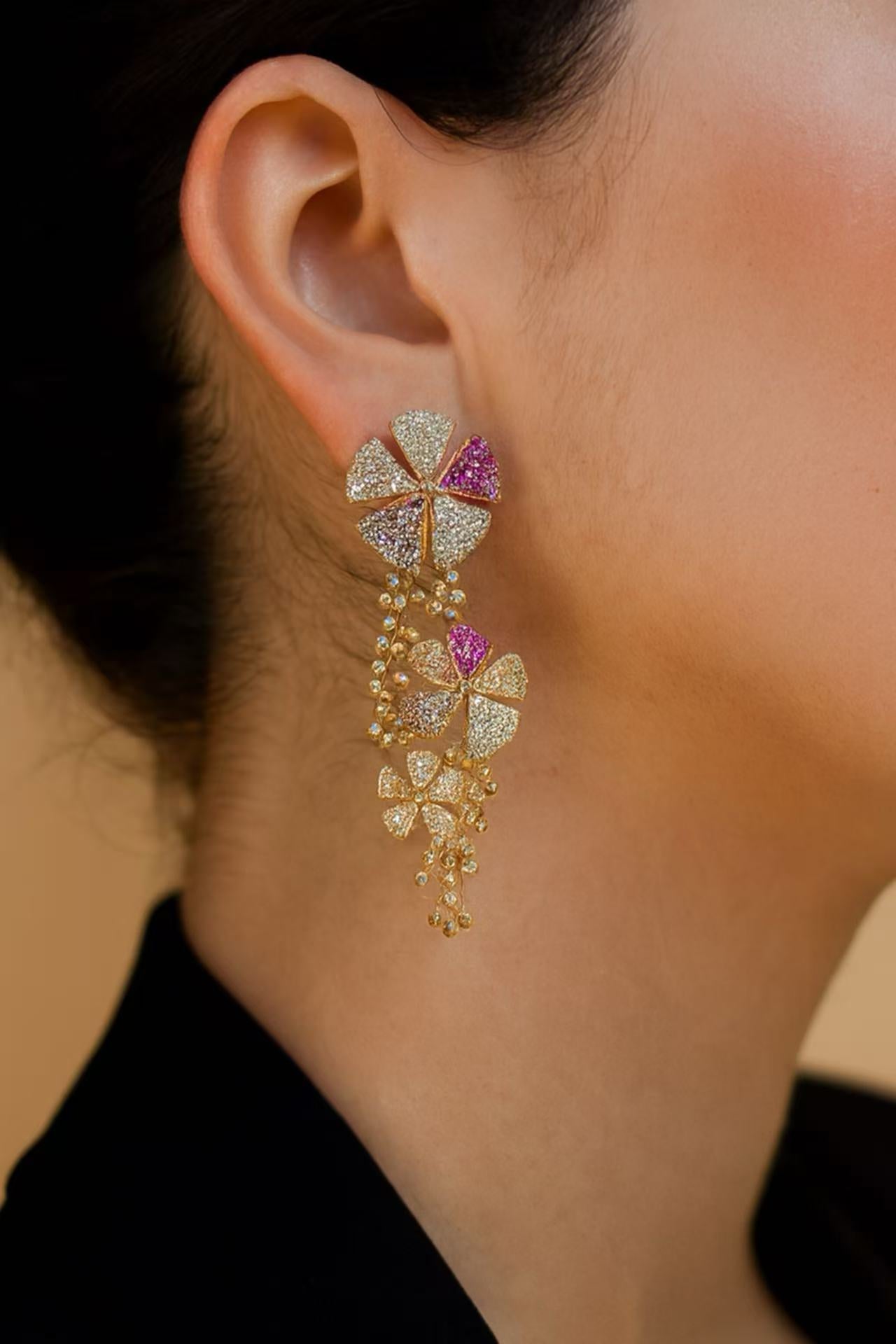Luxury Gold Floral Drop Earrings – Pink & Purple Crystal Statement Earrings for Women