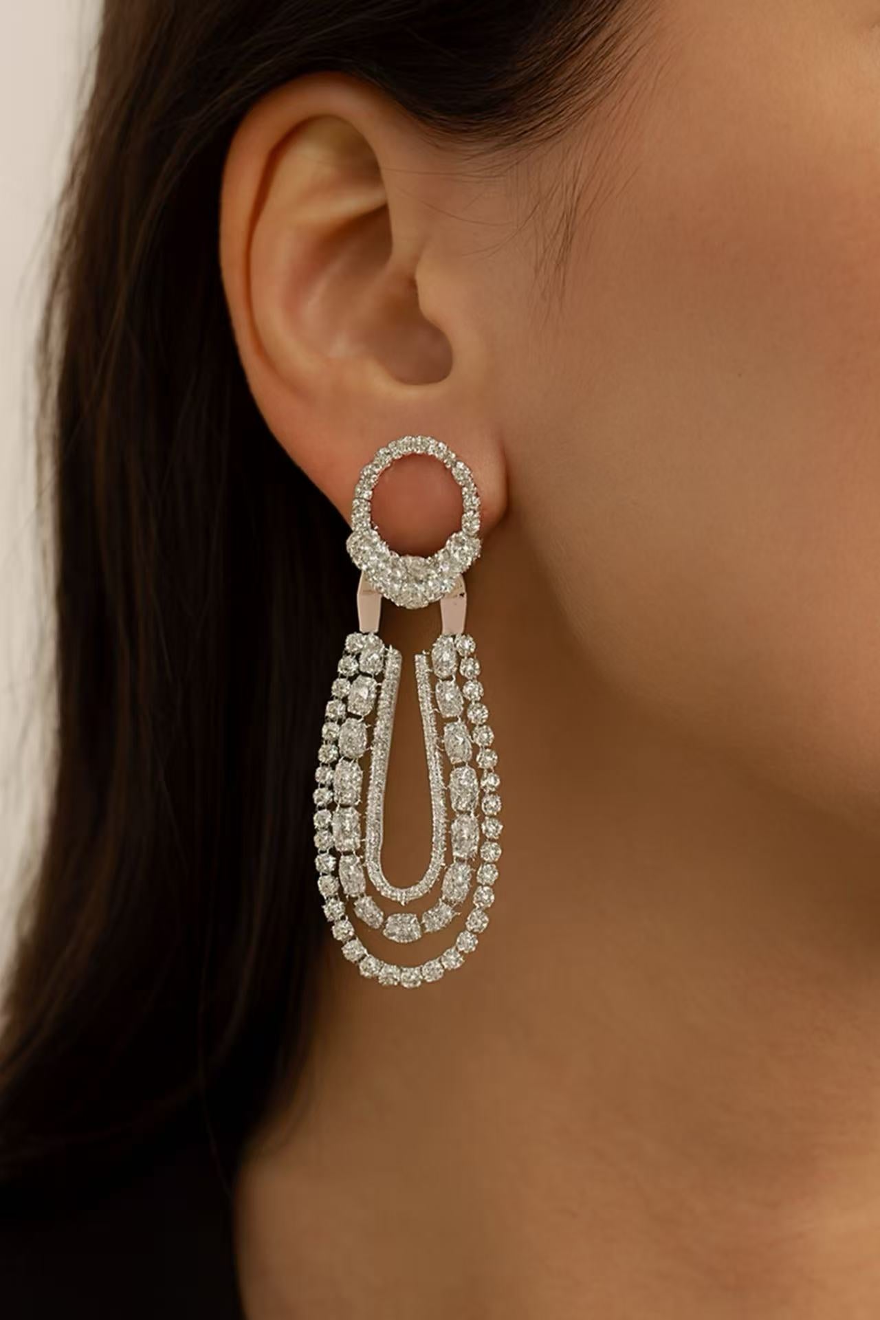 Elegant Crystal Loop Drop Earrings – Silver Statement Dangle Earrings for Women