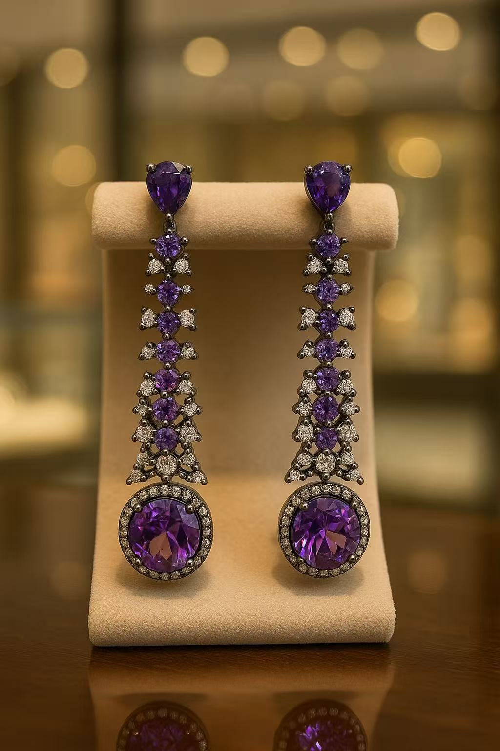 Long Drop Earrings with Purple Crystal & Zircon Stones