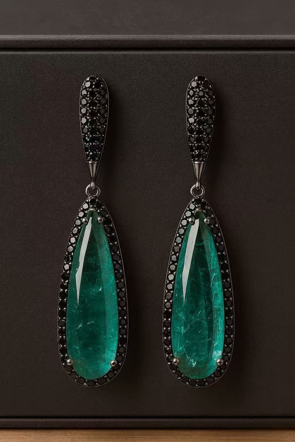 Emerald Green Gemstone & Black Diamond Drop Earrings – Elegant Statement Jewelry