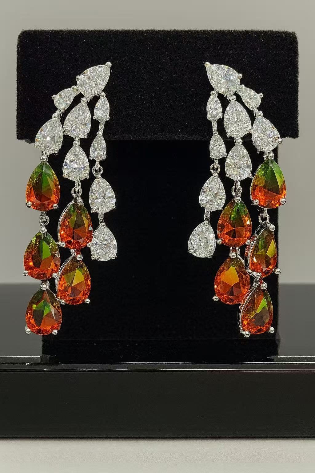 Luxury Fire Opal & Diamond Drop Earrings – Red Green Gemstone Chandelier Earrings