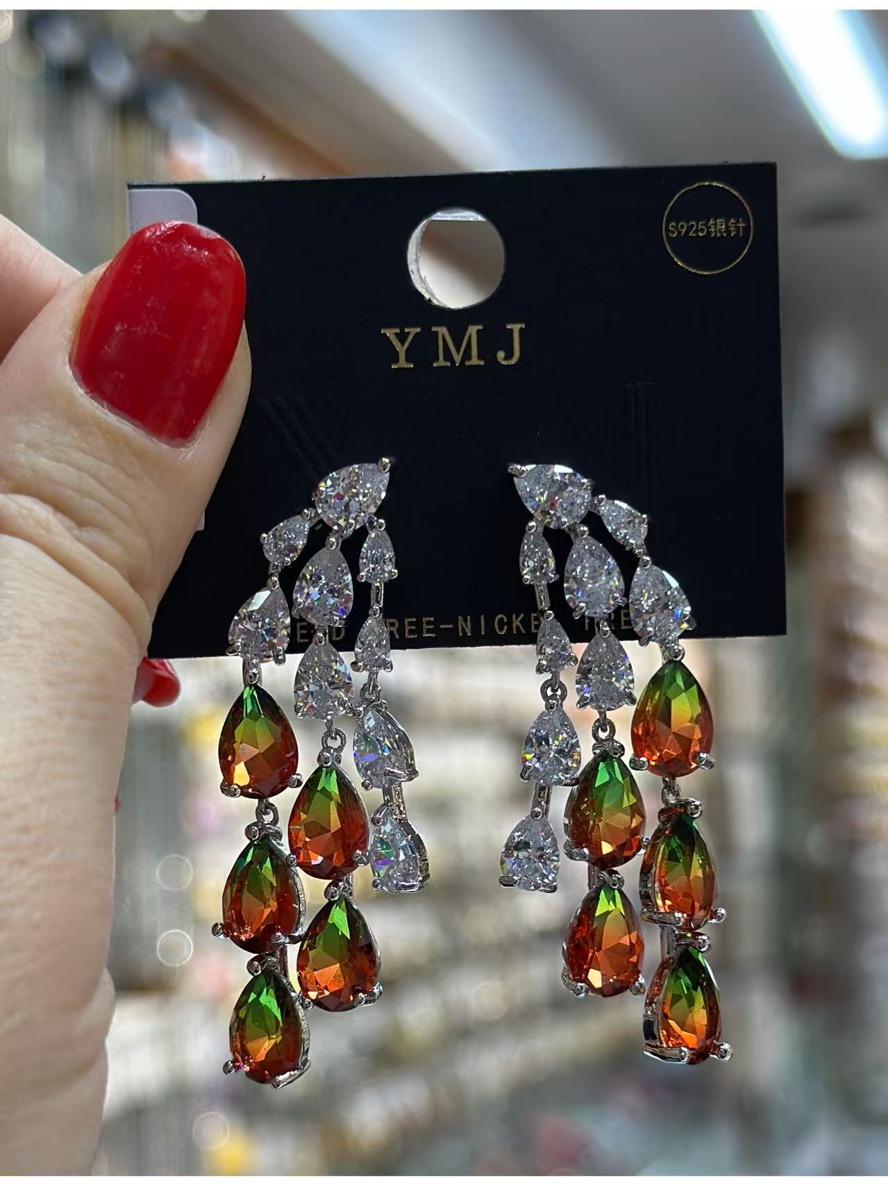 Luxury Fire Opal & Diamond Drop Earrings – Red Green Gemstone Chandelier Earrings