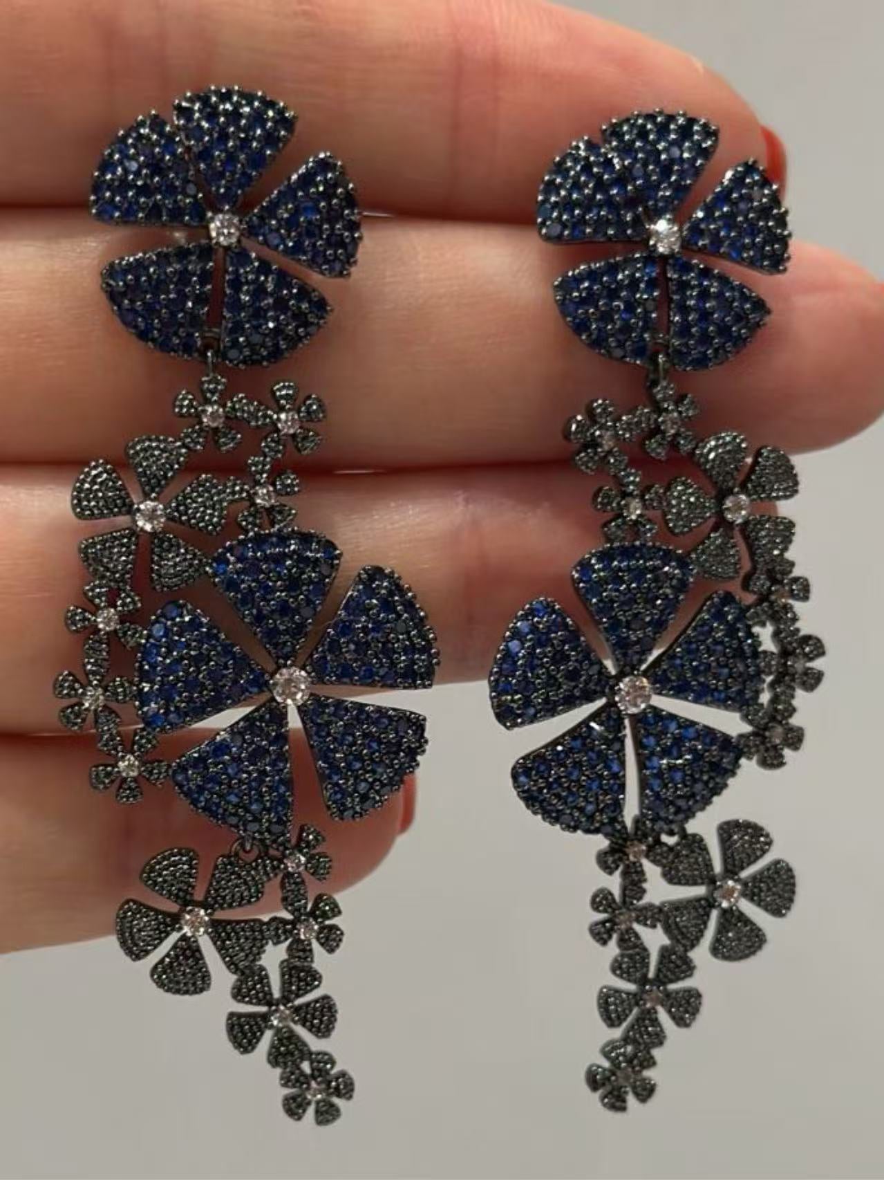 Midnight Blue Floral Statement Earrings – Luxury Flower Drop Earrings for Women