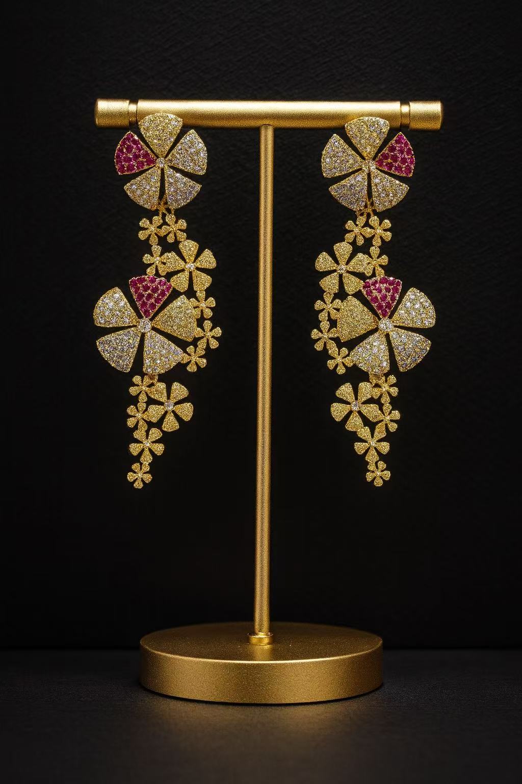 Luxury Gold Floral Drop Earrings – Pink & Purple Crystal Statement Earrings for Women