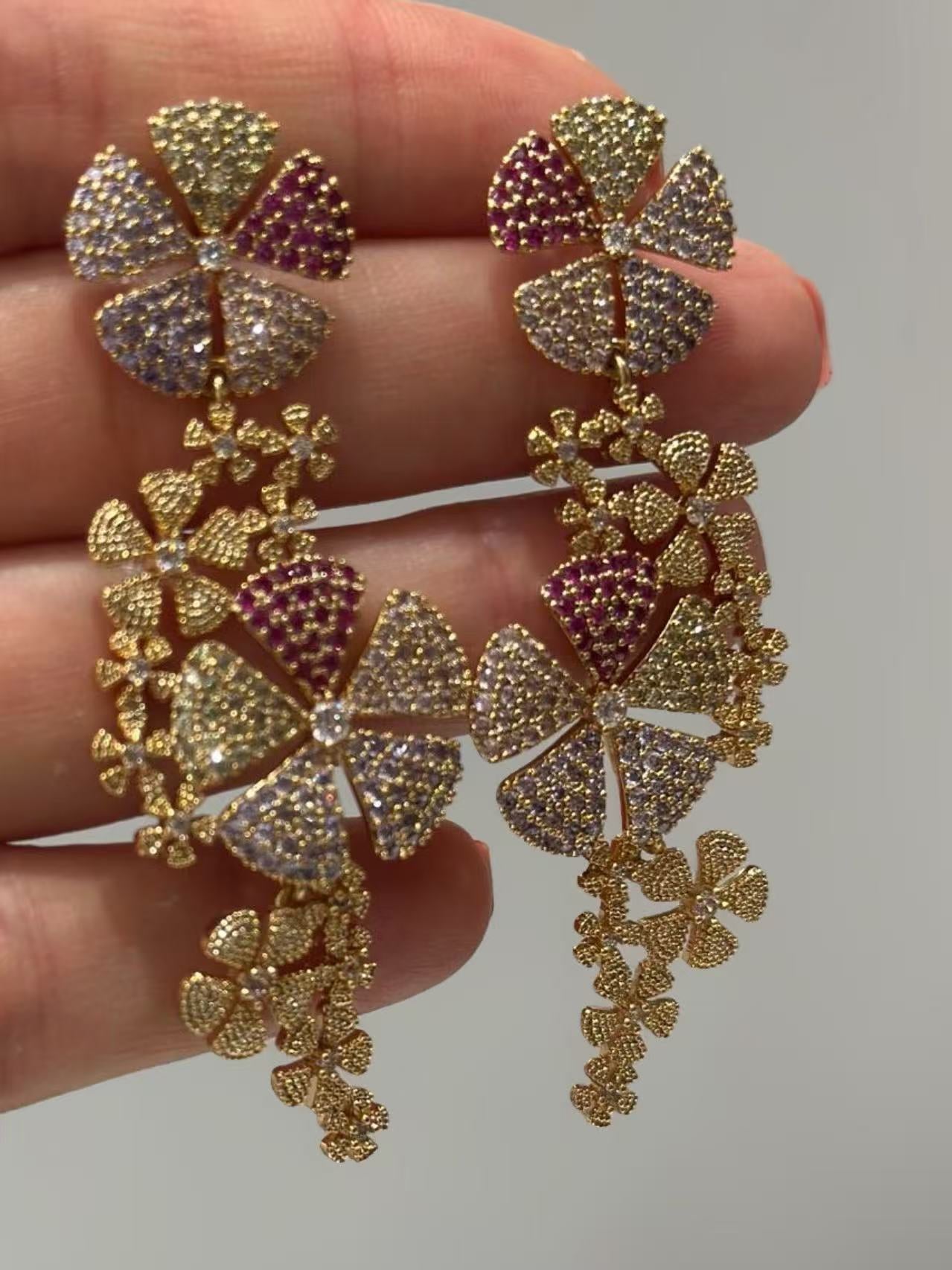 Luxury Gold Floral Drop Earrings – Pink & Purple Crystal Statement Earrings for Women