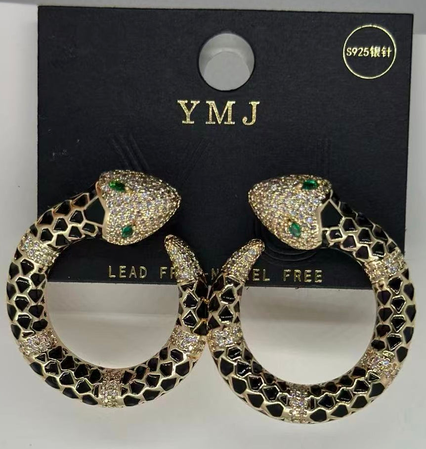 Luxury Gold Snake Hoop Earrings with Black Enamel and Green Crystal Eyes