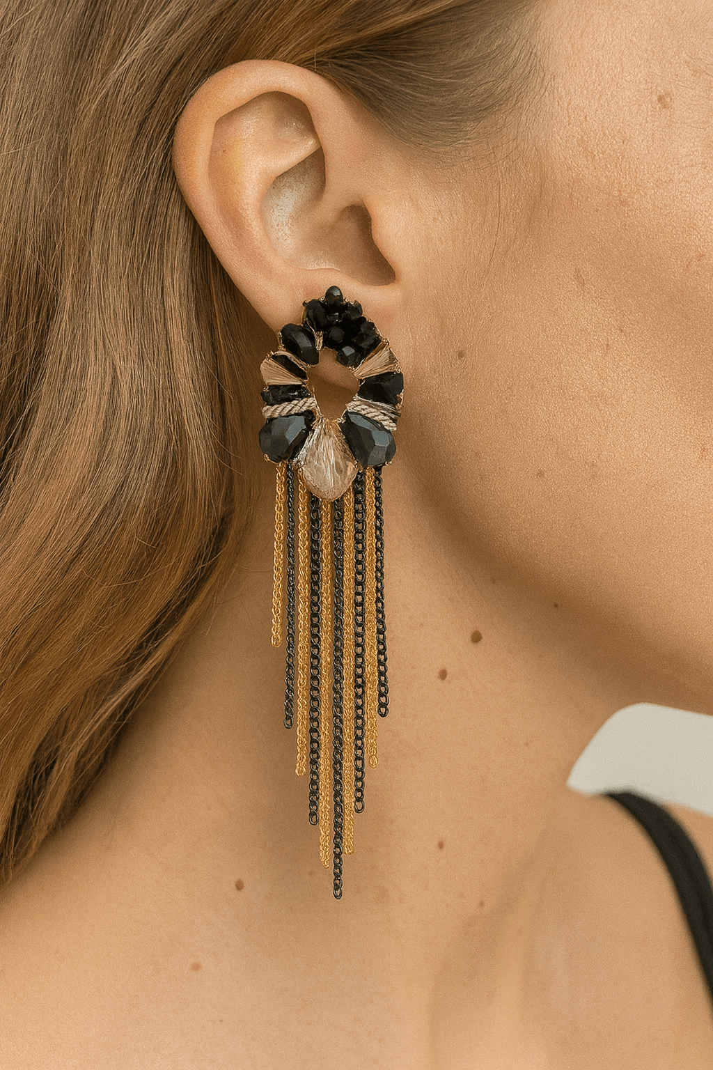 Black and Silver Floral Earrings with Elegant Chain Tassels - MODA ACCESSORIES