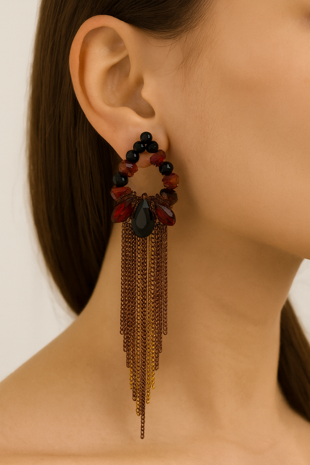 Red & Black Crystal Tassel Statement Earrings