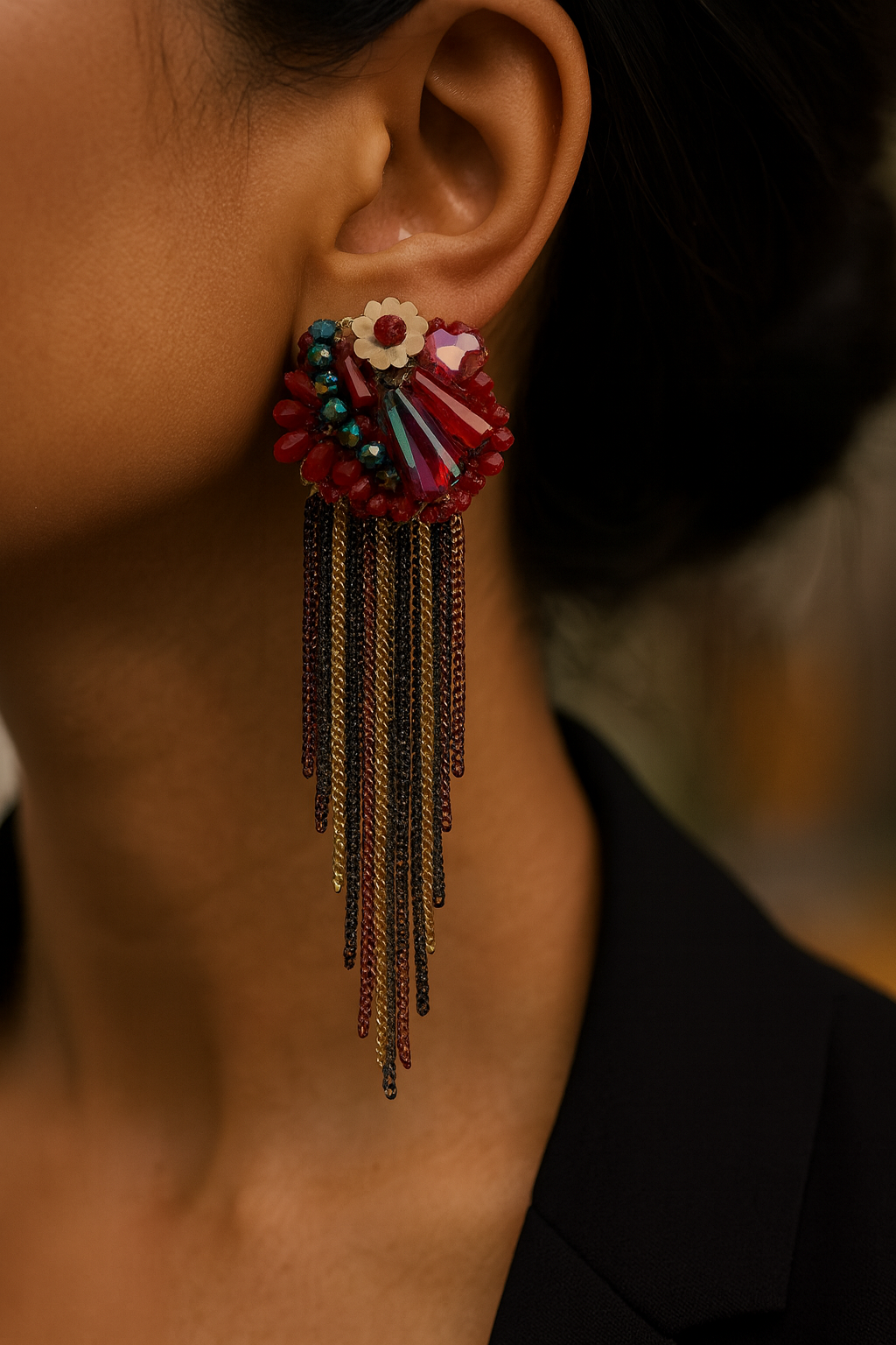 Red & Black Floral Tassel Statement Earrings