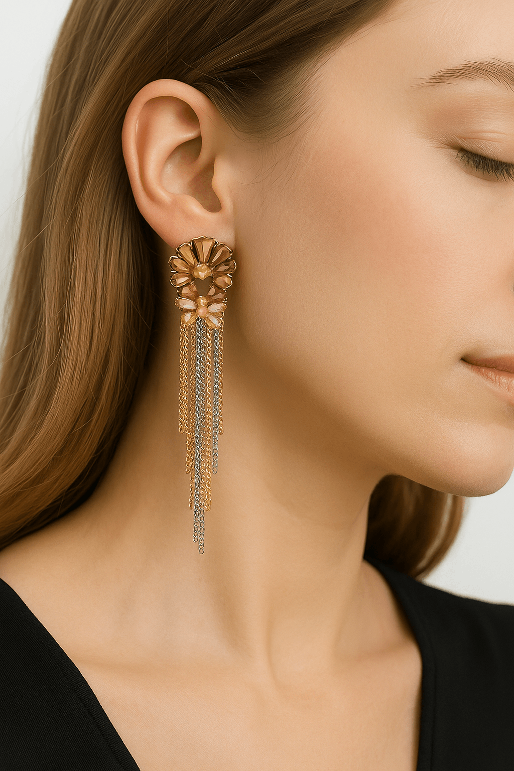 Elegant Gold and Crystal Flower Earrings with Cascading Tassels - MODA ACCESSORIES