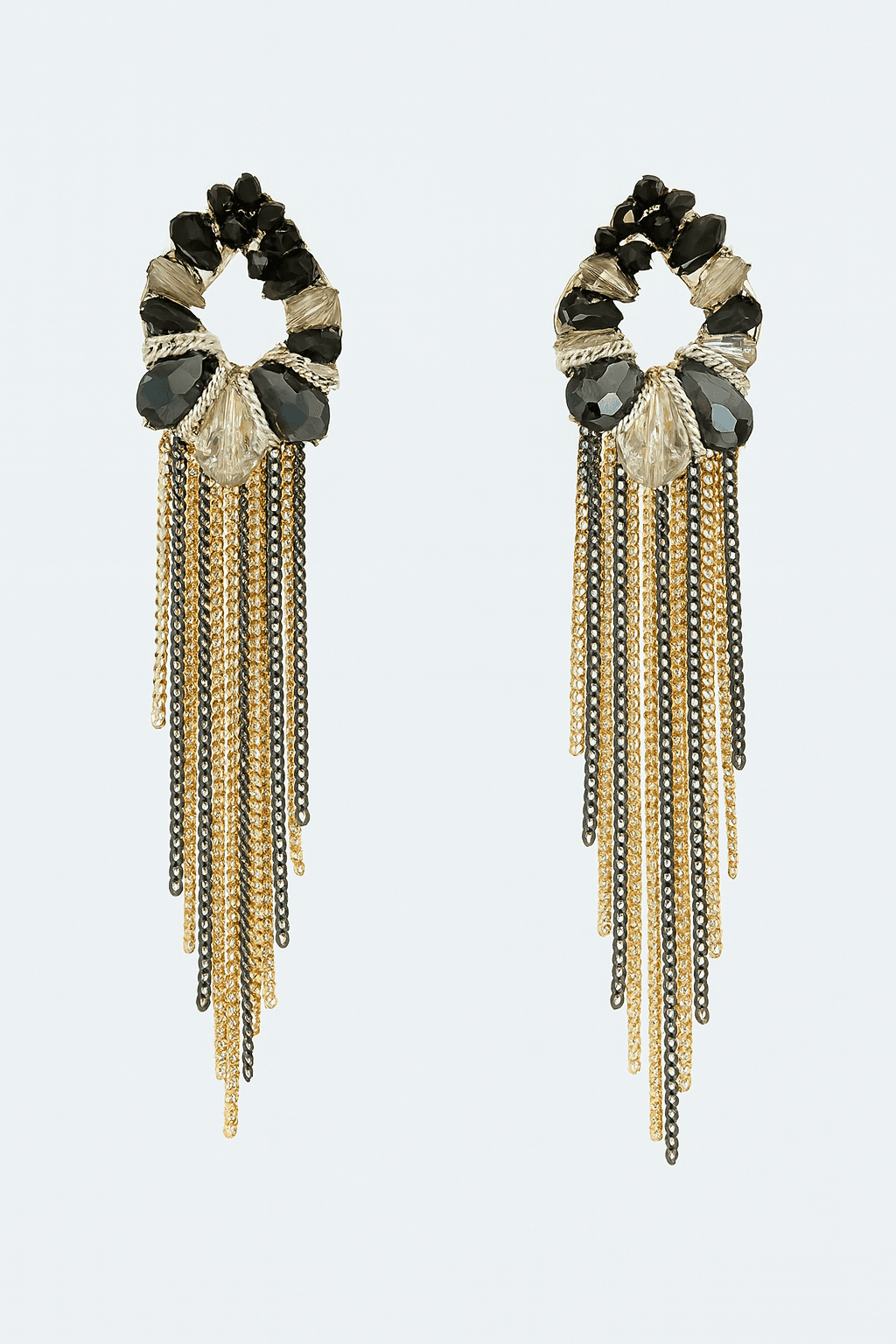 Black and Silver Floral Earrings with Elegant Chain Tassels - MODA ACCESSORIES