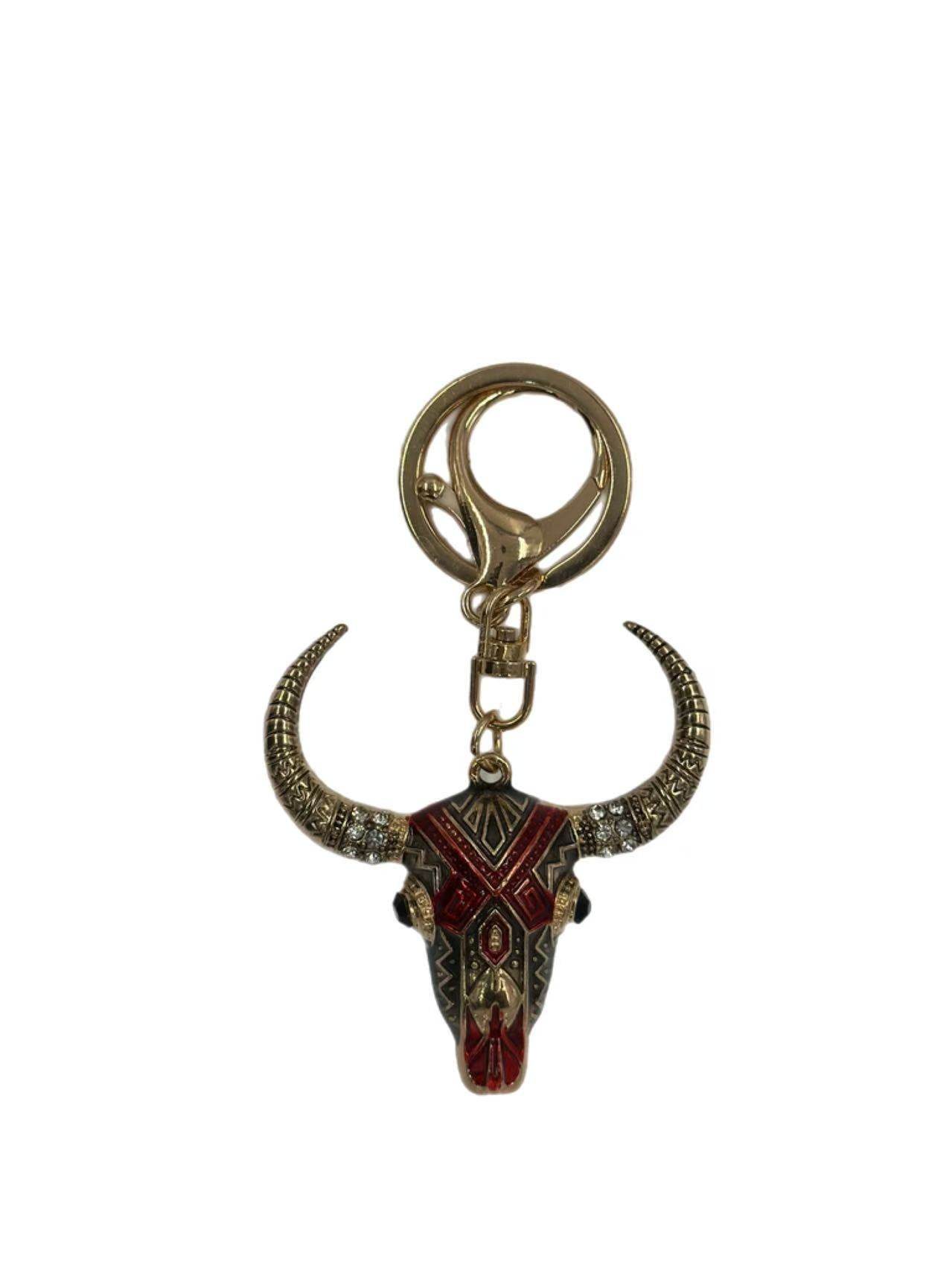 Tribal Bull Skull Keychain – Western Style Horned Pendant with Rhinestones - MODA ACCESSORIES