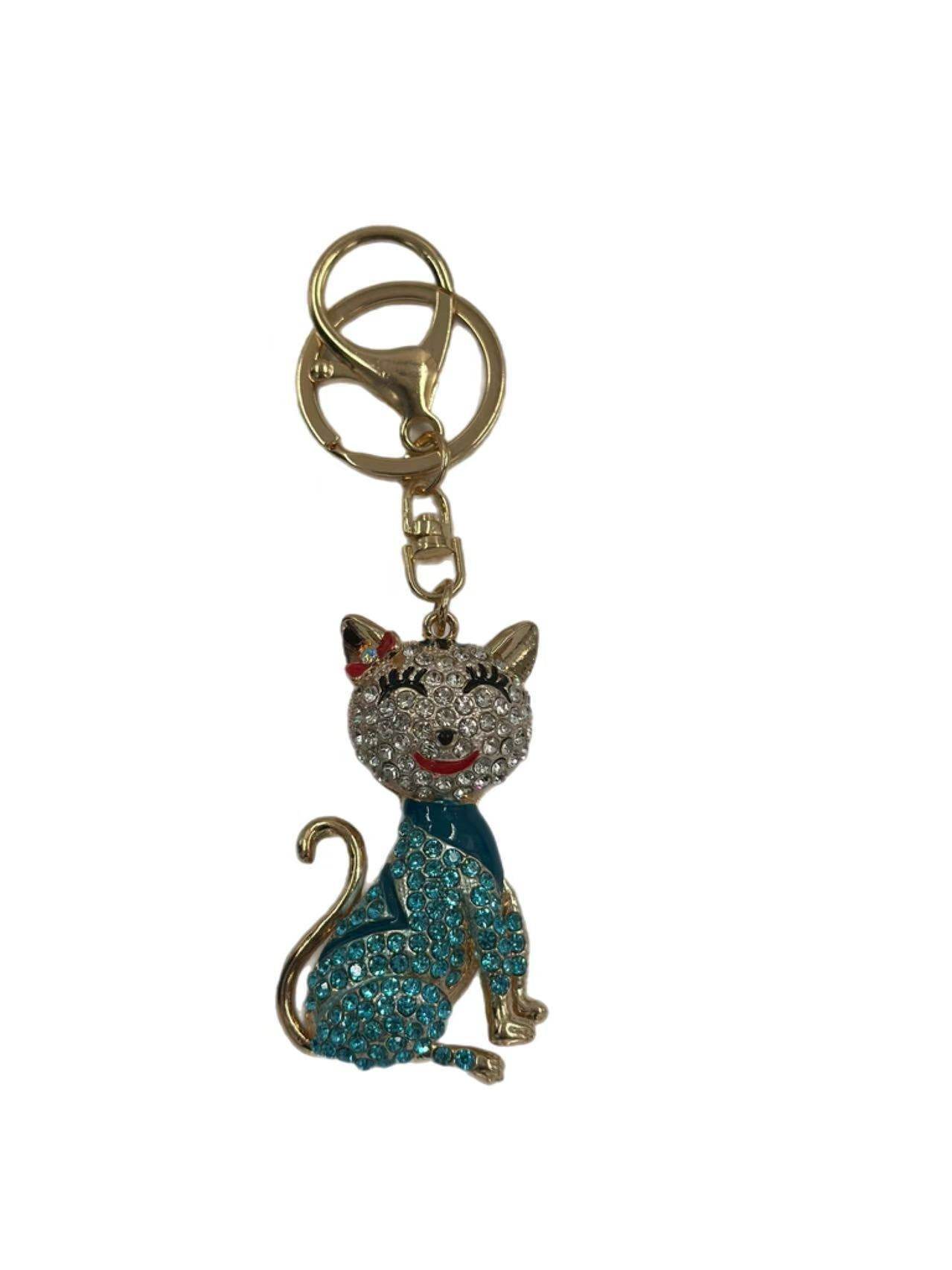 Crystal Cat Keychain – Blue Rhinestone Cat with Bow - MODA ACCESSORIES