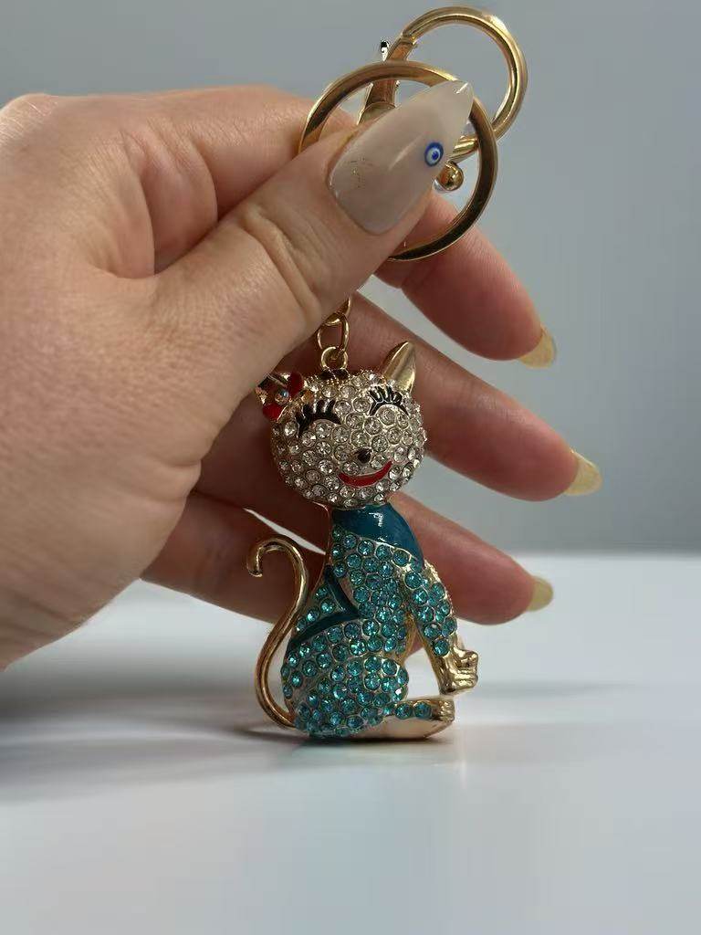 Crystal Cat Keychain – Blue Rhinestone Cat with Bow - MODA ACCESSORIES