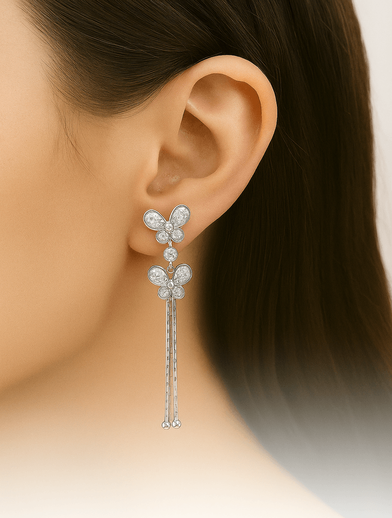 Silver-Tone Butterfly Drop Earrings with Chain Tassels - MODA ACCESSORIES