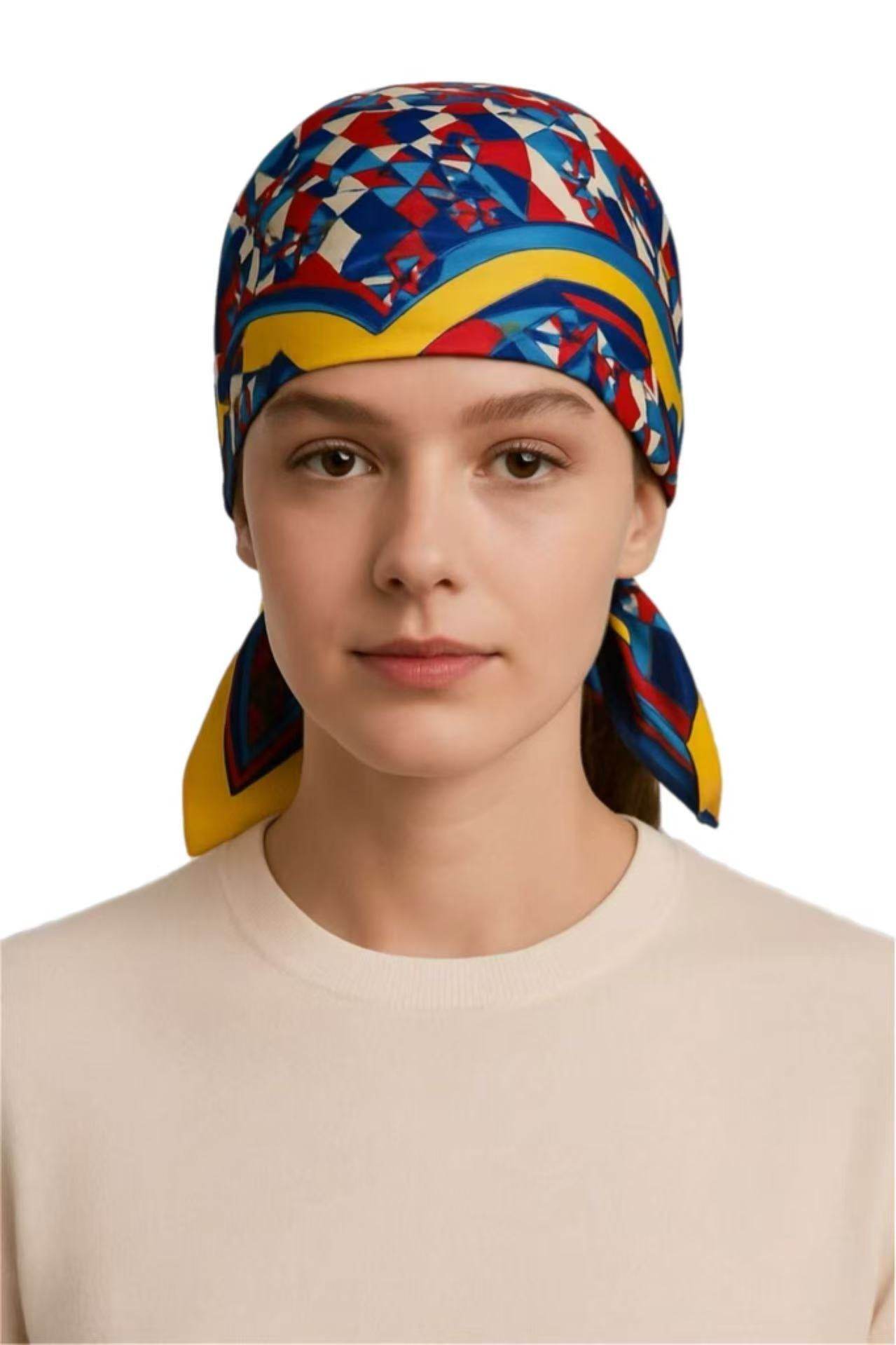 Vibrant Geometric Patchwork Scarf with Yellow Border - MODA ACCESSORIES