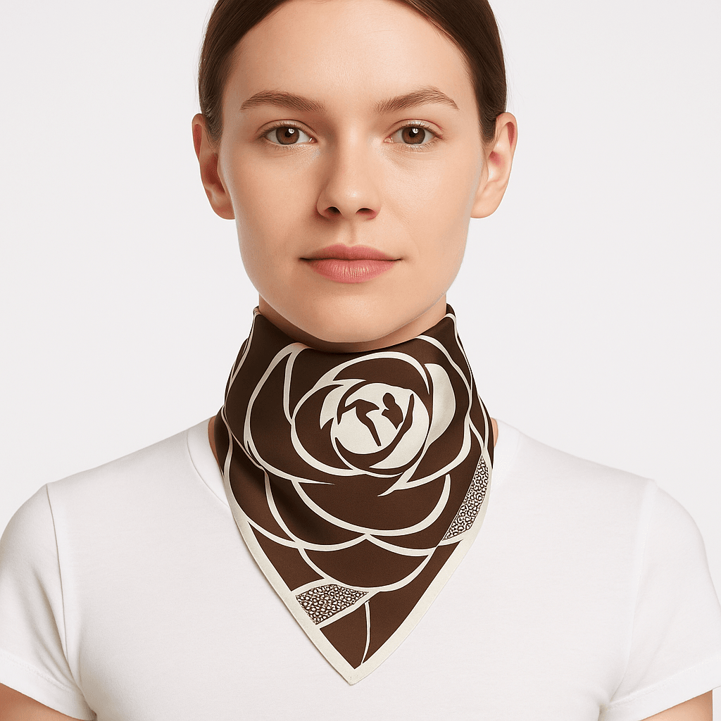 Bold Brown Rose Graphic Scarf with White Accents - MODA ACCESSORIES
