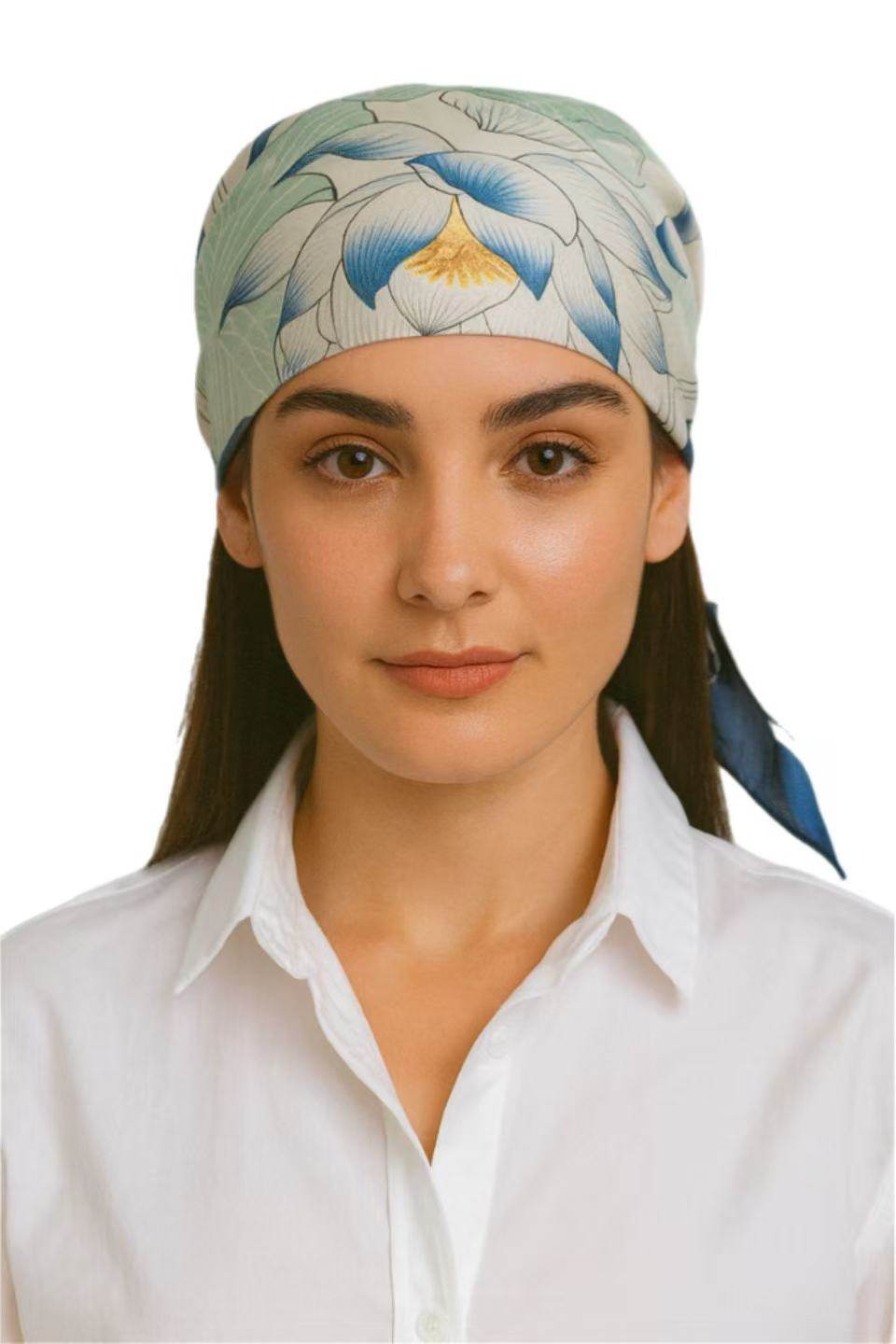 Elegant Blue and White Lotus Floral Scarf - MODA ACCESSORIES