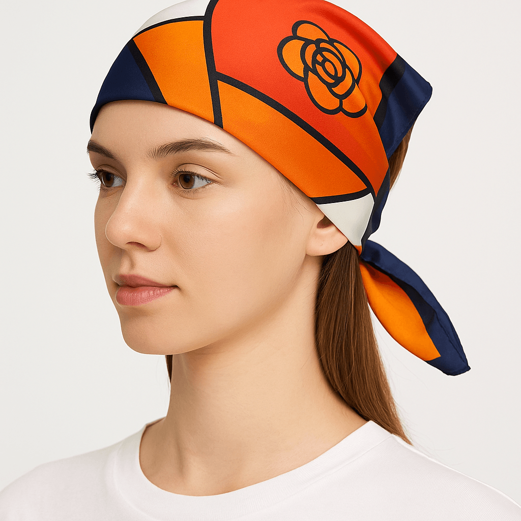 Geometric Floral Pattern Scarf in Orange, Red, and White - MODA ACCESSORIES