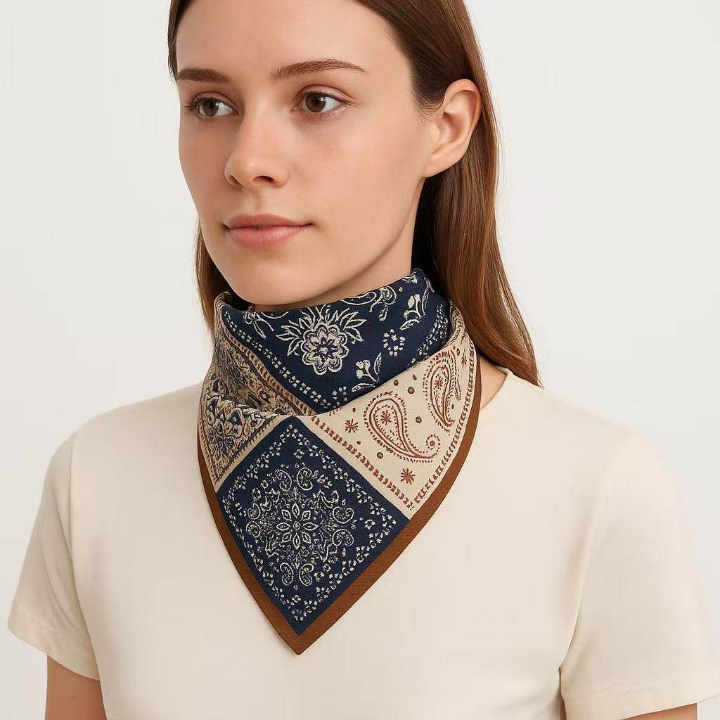 Patchwork Paisley and Floral Print Square Scarf in Navy and Beige - MODA ACCESSORIES