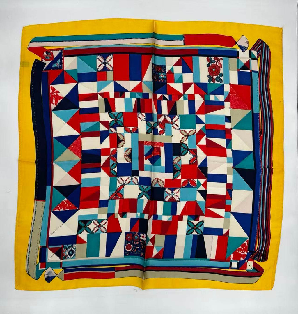 Vibrant Geometric Patchwork Scarf with Yellow Border - MODA ACCESSORIES
