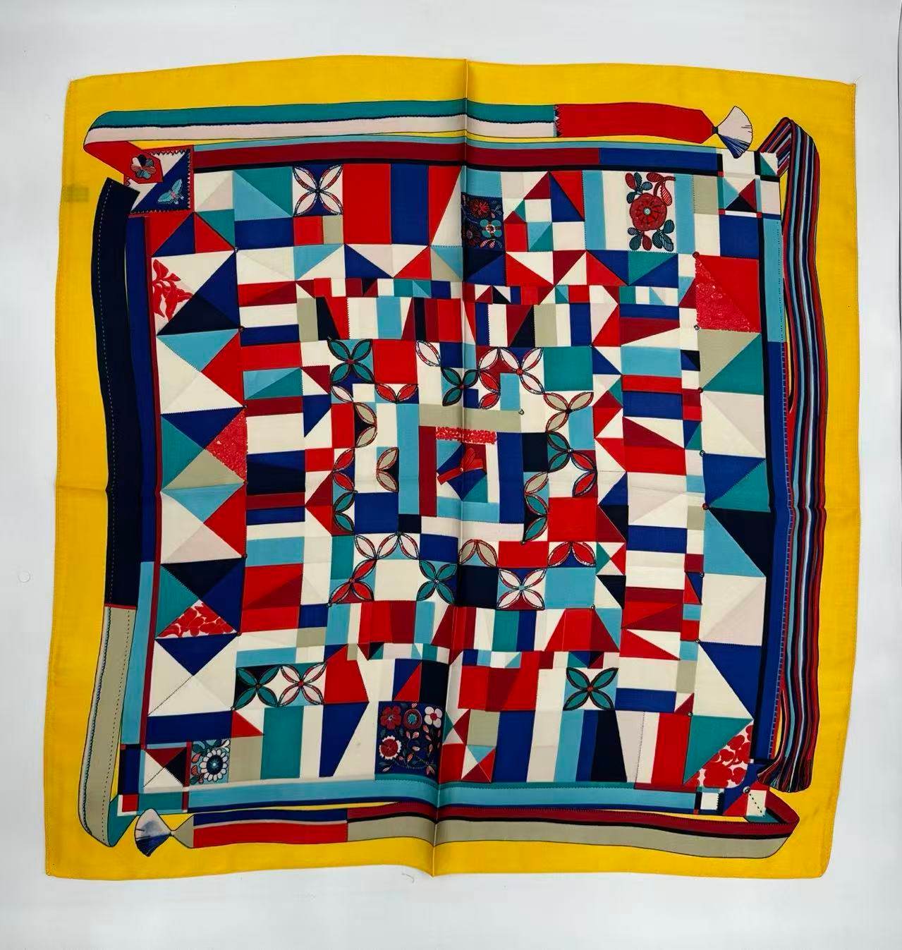 Vibrant Geometric Patchwork Scarf with Yellow Border - MODA ACCESSORIES