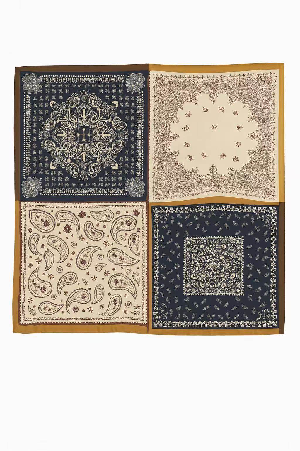 Patchwork Paisley and Floral Print Square Scarf in Navy and Beige - MODA ACCESSORIES