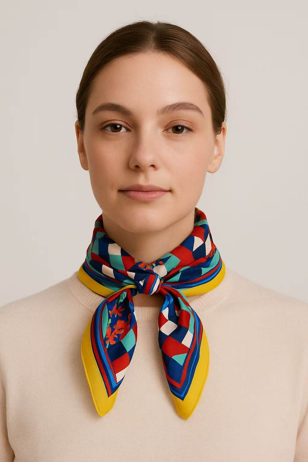 Vibrant Geometric Patchwork Scarf with Yellow Border - MODA ACCESSORIES