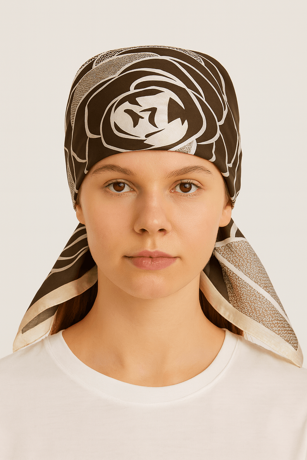 Bold Brown Rose Graphic Scarf with White Accents - MODA ACCESSORIES