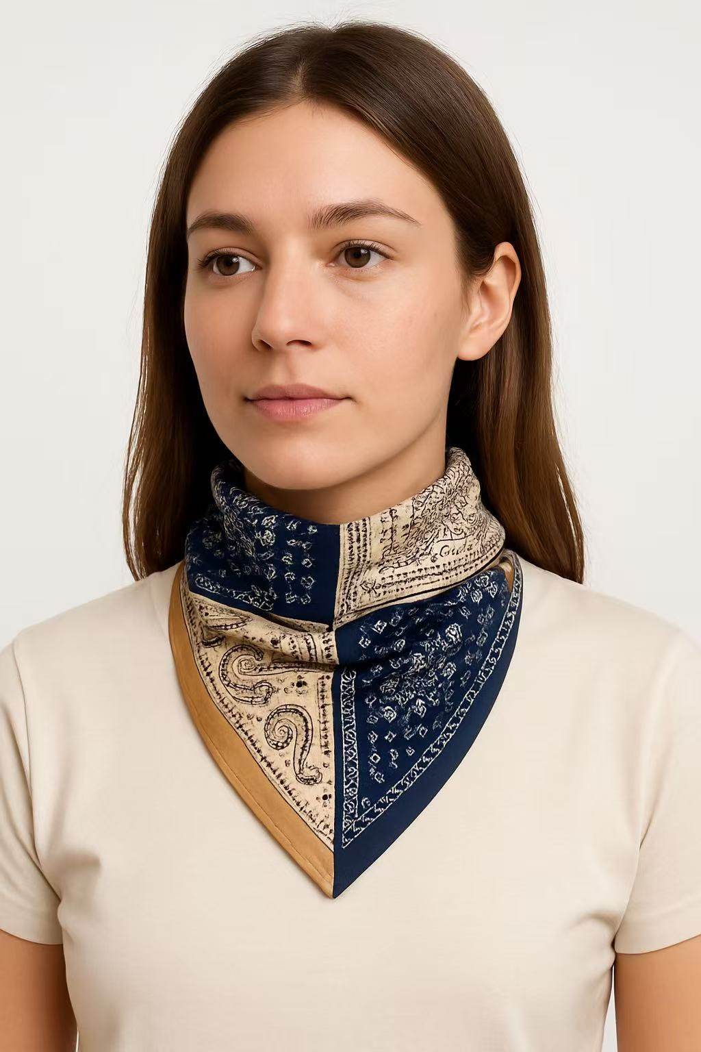 Patchwork Paisley and Floral Print Square Scarf in Navy and Beige - MODA ACCESSORIES