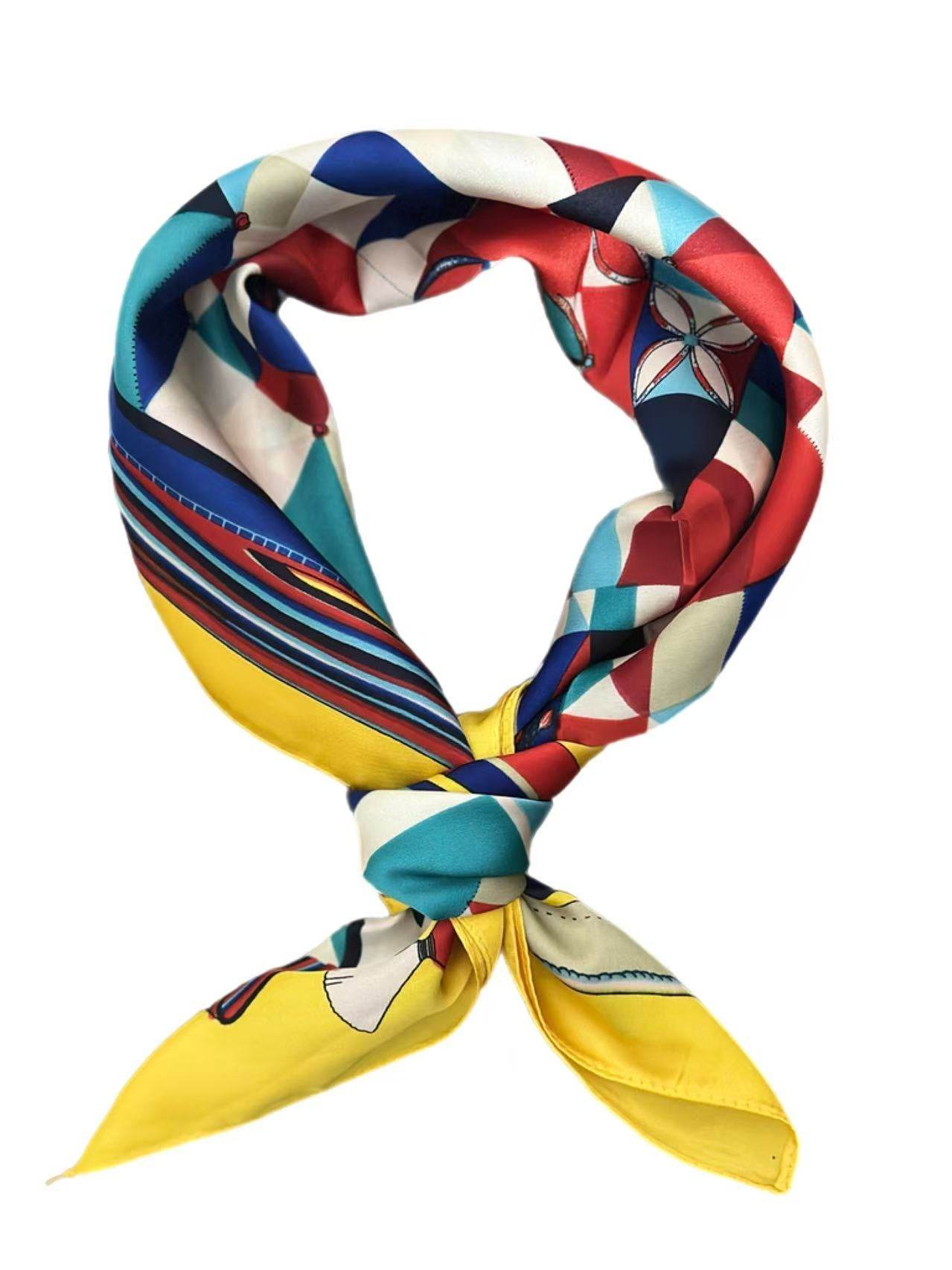 Vibrant Geometric Patchwork Scarf with Yellow Border - MODA ACCESSORIES