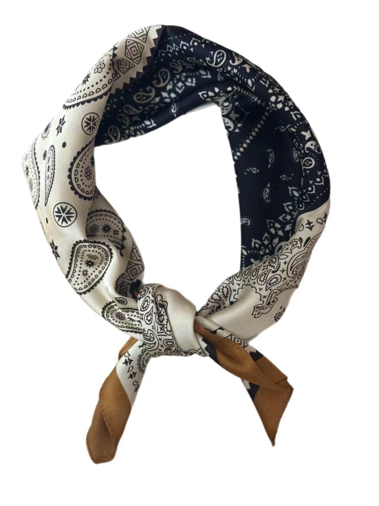 Patchwork Paisley and Floral Print Square Scarf in Navy and Beige - MODA ACCESSORIES