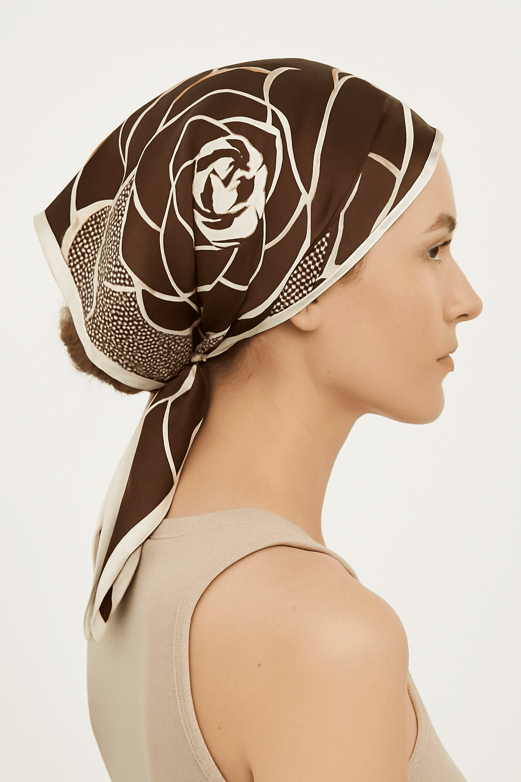 Bold Brown Rose Graphic Scarf with White Accents - MODA ACCESSORIES