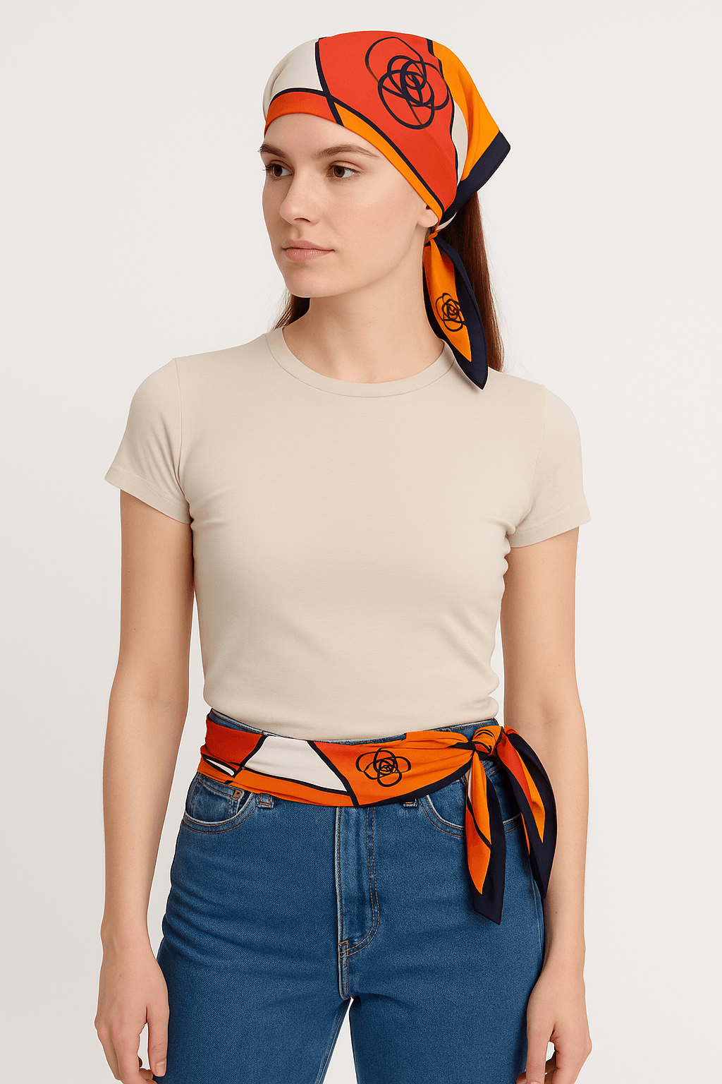Geometric Floral Pattern Scarf in Orange, Red, and White - MODA ACCESSORIES