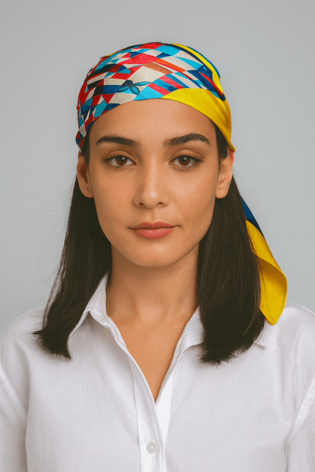 Vibrant Geometric Patchwork Scarf with Yellow Border - MODA ACCESSORIES