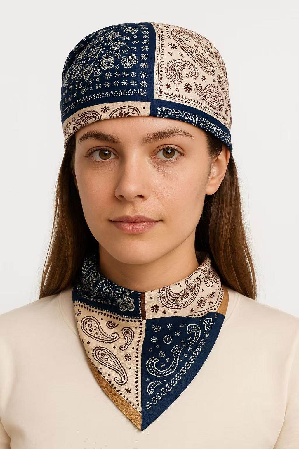 Patchwork Paisley and Floral Print Square Scarf in Navy and Beige - MODA ACCESSORIES
