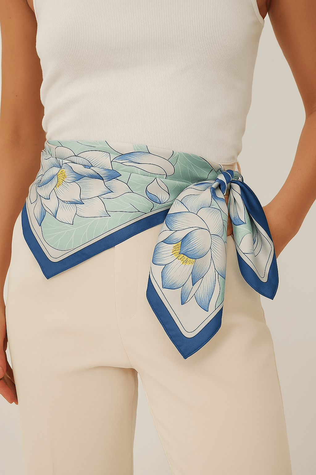 Elegant Blue and White Lotus Floral Scarf - MODA ACCESSORIES