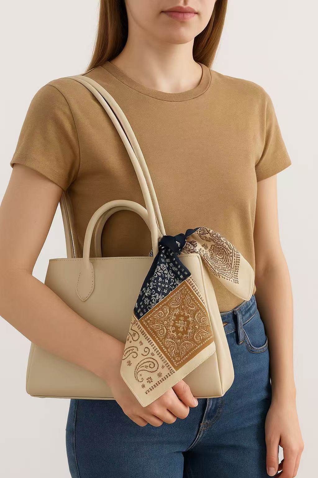 Patchwork Paisley and Floral Print Square Scarf in Navy and Beige - MODA ACCESSORIES