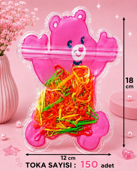 Pembe Ayıcık Figürlü Renkli Çocuk Saç Lastiği Seti