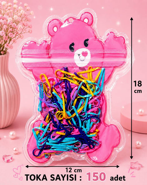 Pembe Ayıcık Figürlü Renkli Çocuk Saç Lastiği Seti