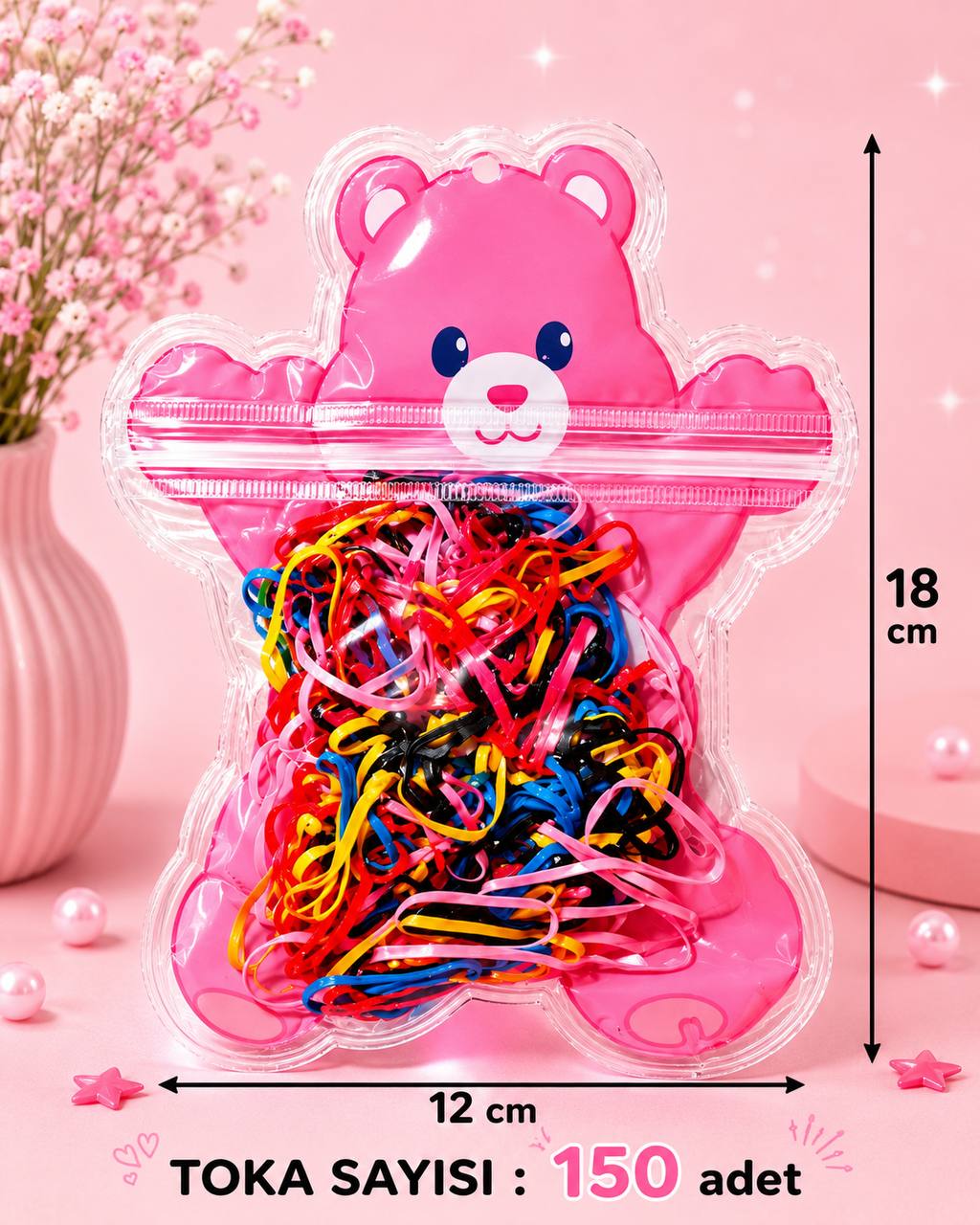 Pembe Ayıcık Figürlü Renkli Çocuk Saç Lastiği Seti