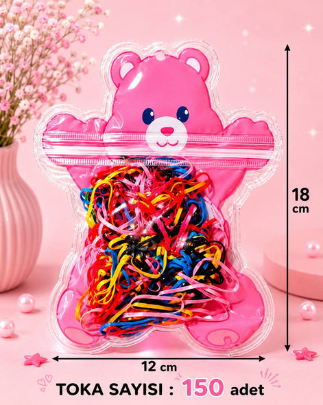 Pembe Ayıcık Figürlü Renkli Çocuk Saç Lastiği Seti